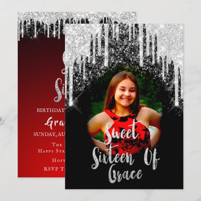 Sweet 16th Elisabeth Red Gray Silver Drips Photo Invitation (Front/Back)