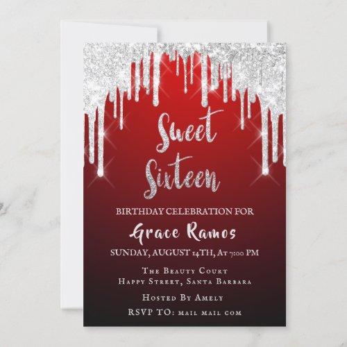 Sweet 16th Elisabeth Red Gray Silver Drips Photo Invitation