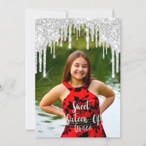 Sweet 16th Elisabeth Red Gray Silver Drips Photo Invitation