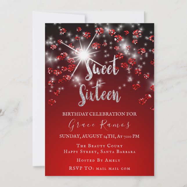 Sweet 16th Elisabeth Red Gray Silver Drips Photo Invitation (Back)