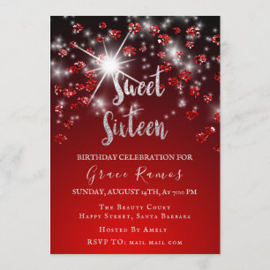 Sweet 16th Elisabeth Red Gray Silver Drips Photo Invitation