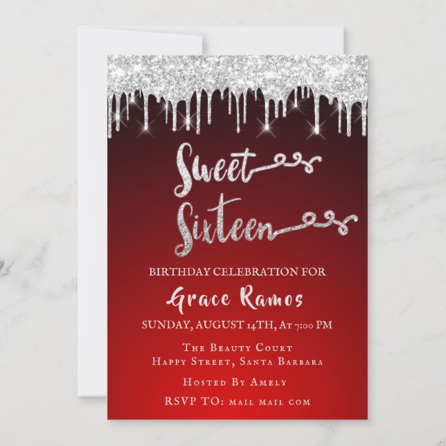 Sweet 16th Elisabeth Red Gray Silver Drips Photo Invitation (Back)