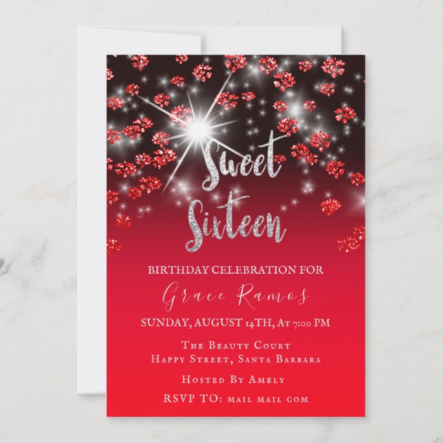 Sweet 16th Elisabeth Red Gray Silver Drips Photo Invitation (Back)