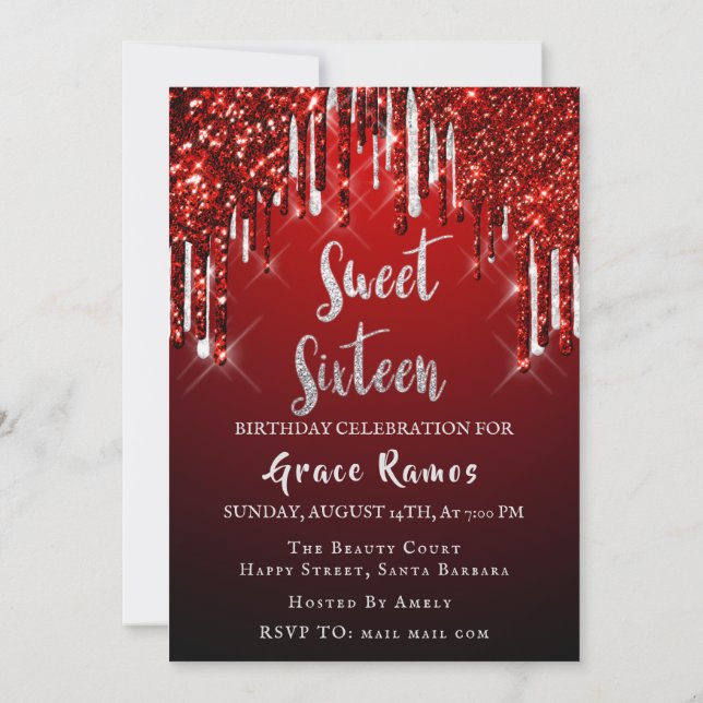 Sweet 16th Elisabeth Red Gray Silver Drips Photo Invitation (Back)