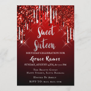 Sweet 16th Elisabeth Red Gray Silver Drips Photo Invitation
