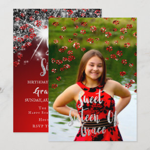 Sweet 16th Elisabeth Red Gray Silver Drips Photo Invitation