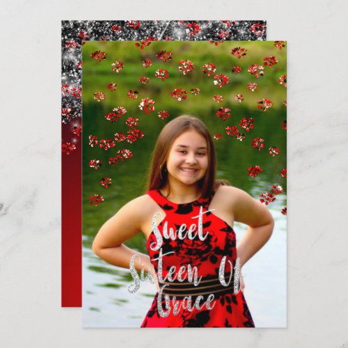 Sweet 16th Elisabeth Red Gray Silver Drips Photo Invitation