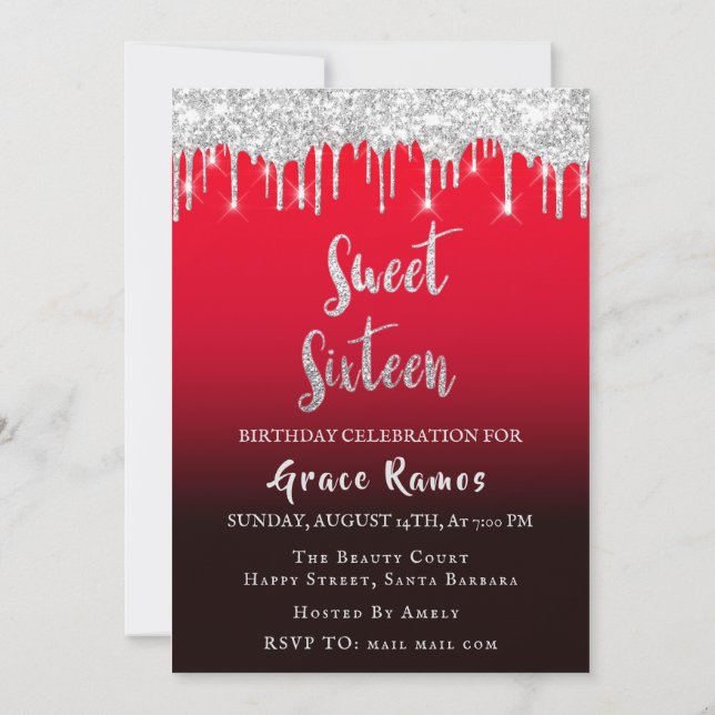 Sweet 16th Elisabeth Red Gray Silver Drips Photo Invitation (Back)