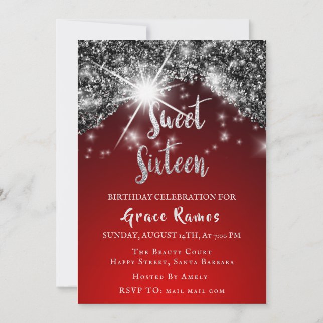 Sweet 16th Elisabeth Red Gray Silver Drips Photo Invitation (Back)