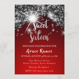 Sweet 16th Elisabeth Red Gray Silver Drips Photo Invitation