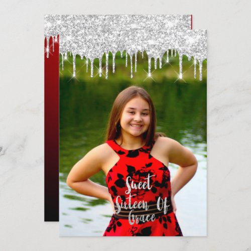 Sweet 16th Elisabeth Red Gray Silver Drips Photo Invitation