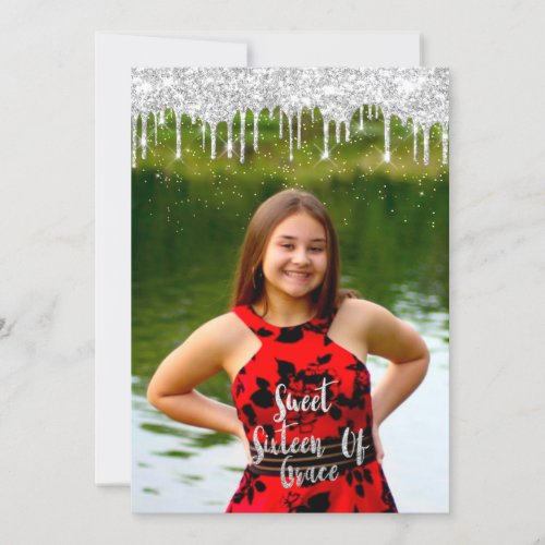 Sweet 16th Elisabeth Red Gray Silver Drips Photo Invitation