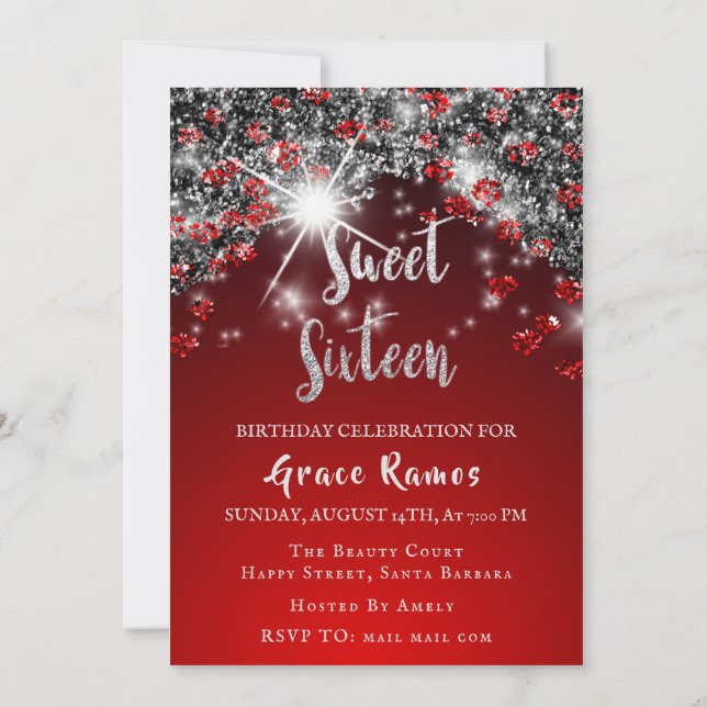 Sweet 16th Elisabeth Red Gray Silver Drips Photo Invitation (Back)