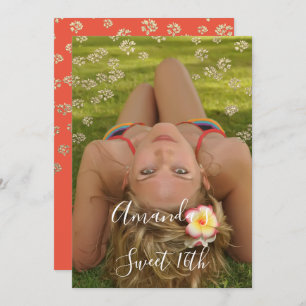 Sweet 16th Flower Coral Gold Photo Confetti Spark Invitation