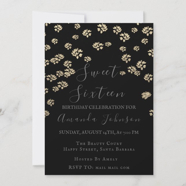 Sweet 16th  Flower Gold Black Photo Confetti Spark Invitation (Back)