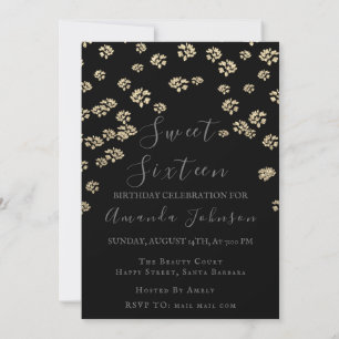 Sweet 16th Flower Gold Black Photo Confetti Spark Invitation