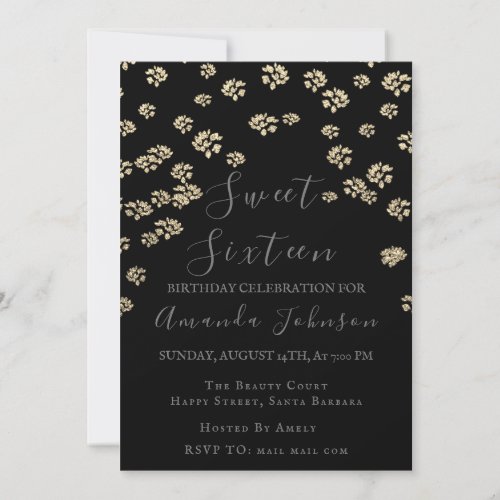 Sweet 16th  Flower Gold Black Photo Confetti Spark Invitation