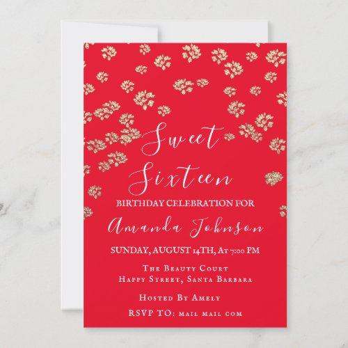 Sweet 16th  Flower Red Gold Photo Confetti Spark Invitation