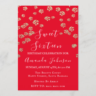 Sweet 16th Flower Red Gold Photo Confetti Spark Invitation