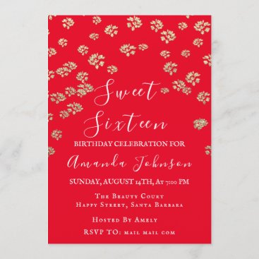 Sweet 16th  Flower Red Gold Photo Confetti Spark Invitation