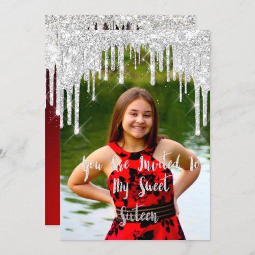 Sweet 16th For Elisabeth Red Silver Drips Photo Invitation