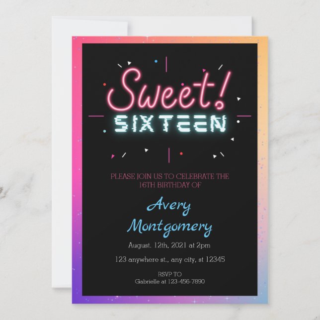  Sweet 16th Glowing Neon Birthday  Invitation (Front)