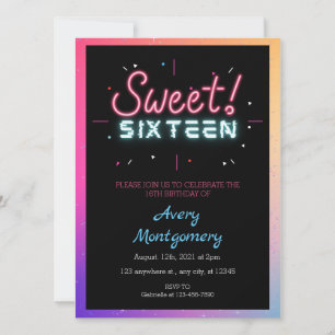 Sweet 16th Glowing Neon Birthday Invitation