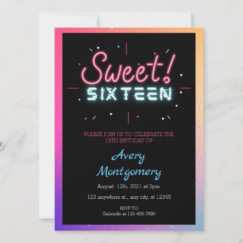  Sweet 16th Glowing Neon Birthday  Invitation