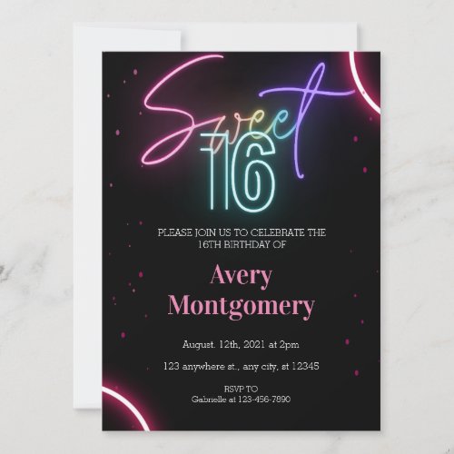  Sweet 16th Glowing Neon Birthday  Invitation
