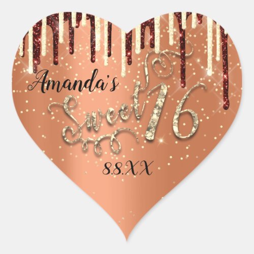 Sweet 16th Heart Glitter Gold Burgundy Drips Coral Heart Sticker