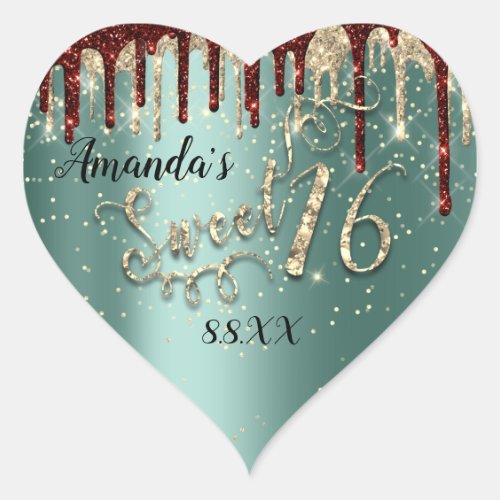 Sweet 16th Heart Glitter Gold Burgundy Drips Green Heart Sticker