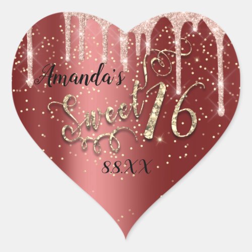 Sweet 16th Heart Glitter Gold Burgundy Rose Drips Heart Sticker