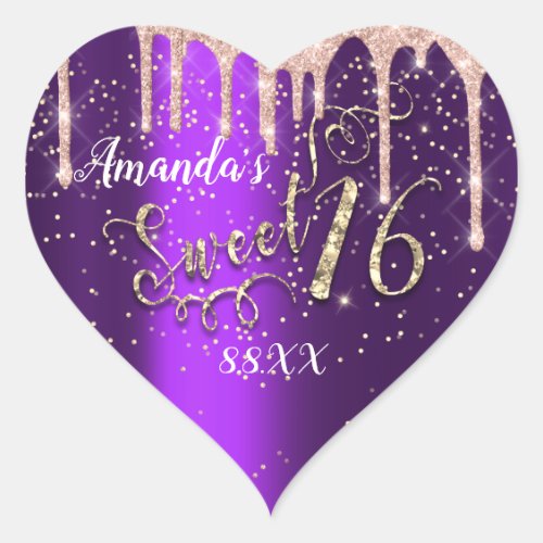 Sweet 16th Heart Glitter Gold Purple  Rose Drips Heart Sticker