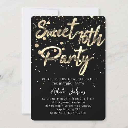 Sweet 16th Instant Download Black Gold Confetti  Invitation