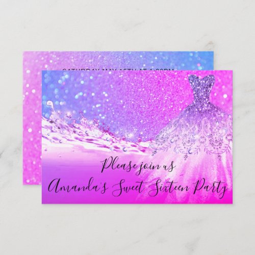Sweet 16th Ombre  Pink Fuchsia Glitter Ocean Dress Invitation