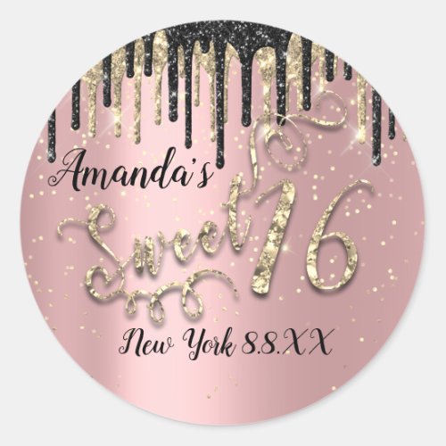 Sweet 16th Party Glitter Gold Confetti Rose Black Classic Round Sticker