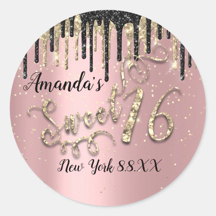 Sweet 16th Party Glitter Gold Confetti Rose Black Classic Round Sticker ...