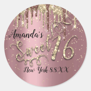 Sweet 16th Party Glitter Gold Confetti Rose Drips Classic Round Sticker