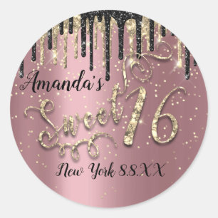 Sweet 16th Party Glitter Gold Confetti Rose Drips Classic Round Sticker