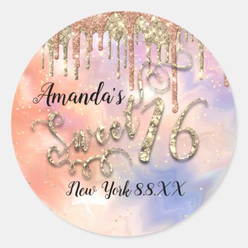 Sweet 16th Party Glitter Holographic Gold Rose Classic Round Sticker