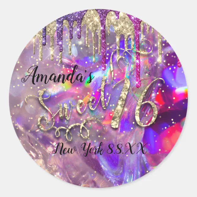 Sweet 16th Party Glitter Holographic Gold Script Classic Round Sticker ...