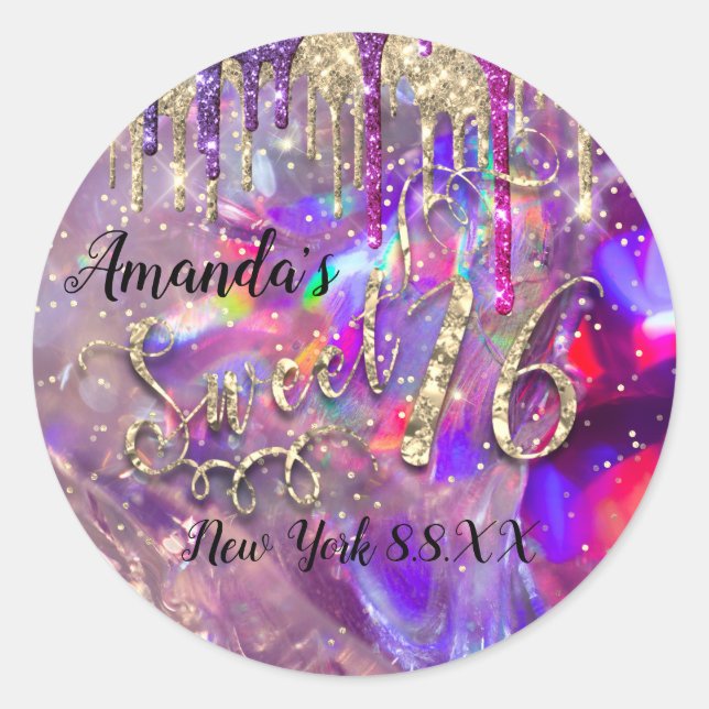 Sweet 16th Party Glitter Holographic Gold Script Classic Round Sticker (Front)