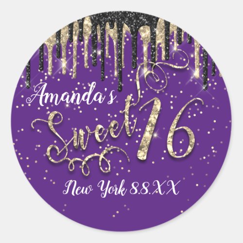 Sweet 16th Party Gold Confetti Drips Black Purple Classic Round Sticker