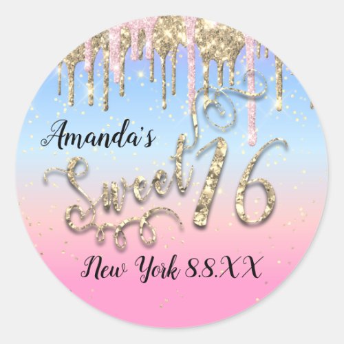Sweet 16th Party Pink Blue Gold Confetti Drips Classic Round Sticker