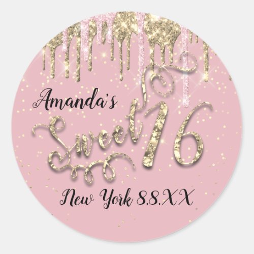 Sweet 16th Party Pink Blush Gold Confetti Drips Classic Round Sticker