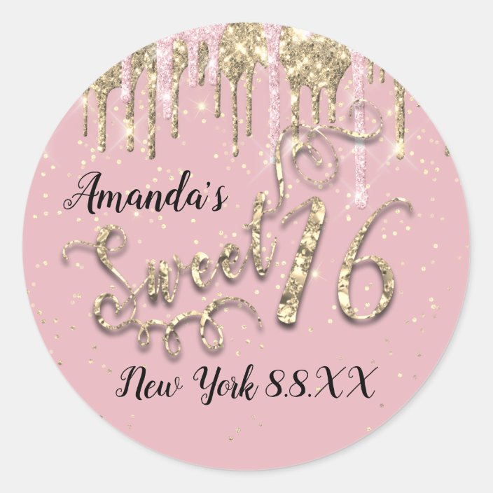 Sweet 16th Party Pink Blush Gold Confetti Drips Classic Round Sticker ...