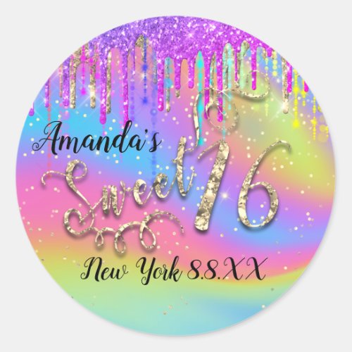 Sweet 16th Party Pink Confetti Rainbow Unicorn Classic Round Sticker