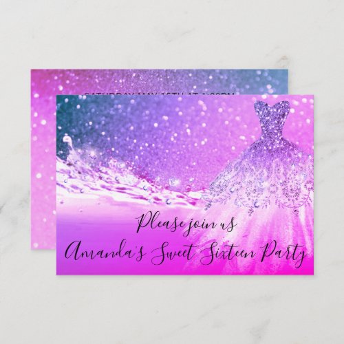 Sweet 16th Party  Pink Fuchsia Glitter Ocean Dress Invitation