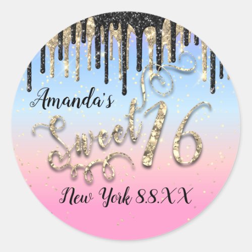 Sweet 16th Party Pink Ombre Confetti Drips Gold Classic Round Sticker