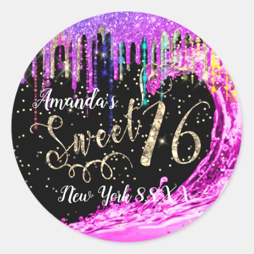 Sweet 16th Party Pink Waves Confetti Rainbow Classic Round Sticker